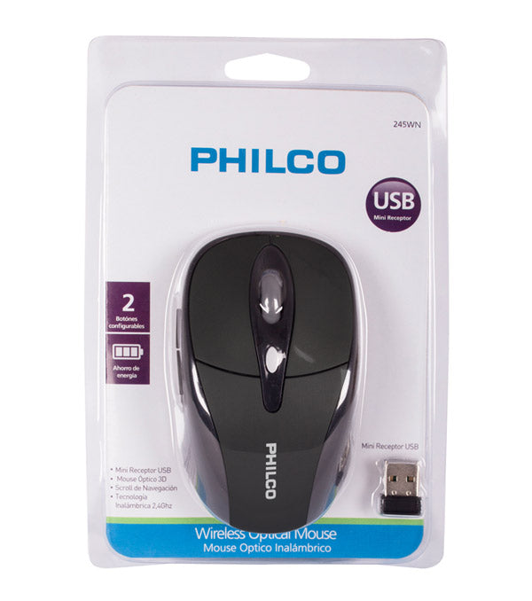 MOUSE OPTICO INALAMBRICO PHILCO NEGRO 245wn