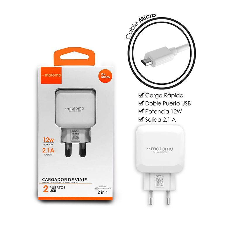 CARGADOR MICRO USB CERTIFICADO + CABLE 1 MT MOTOMO 2.1 A 12V