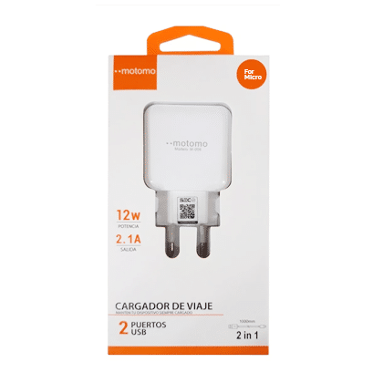CARGADOR MICRO USB CERTIFICADO + CABLE 1 MT MOTOMO 2.1 A 12V