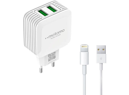 CARGADOR IPHONE CERTIFICADO + CABLE 1 MT MOTOMO 2.1 A 12V